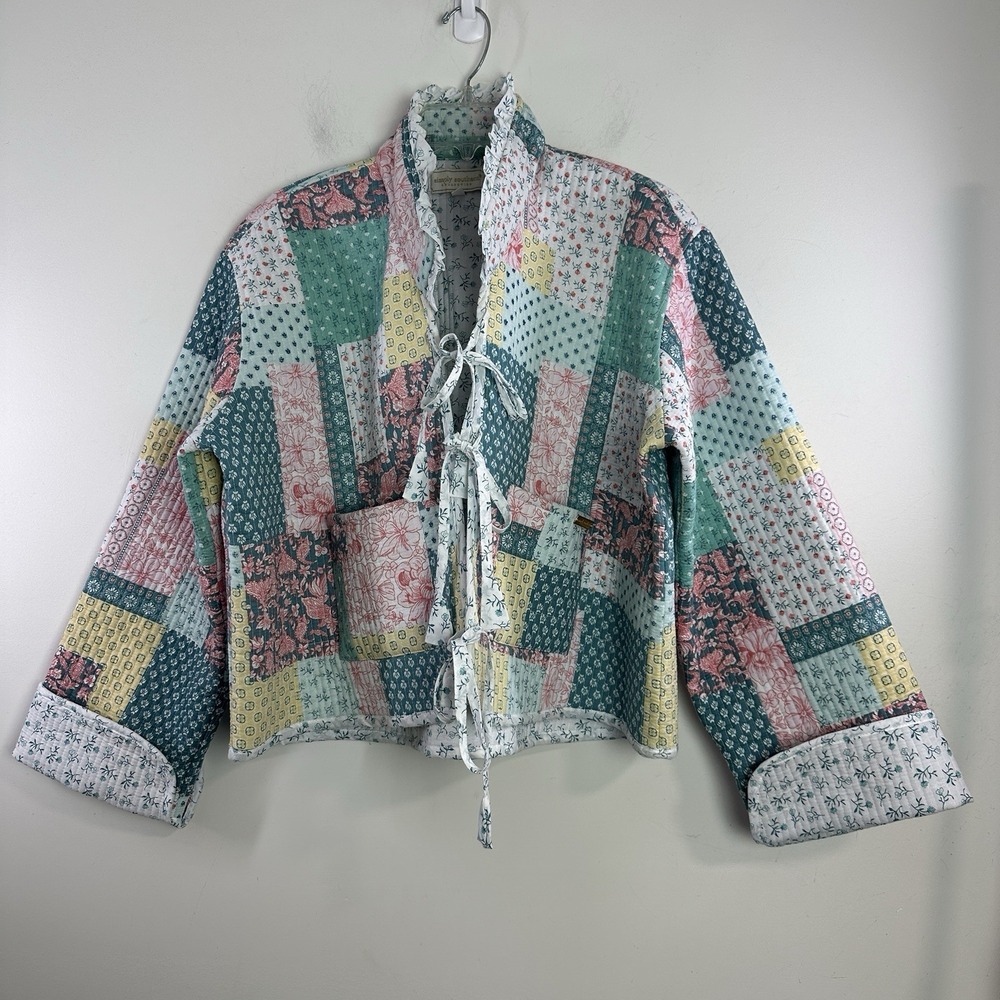 Womens XL Quilted Jacket Mixed Floral Print Patchwork Reversible Tie Front Boho